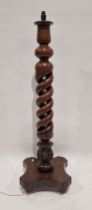 Victorian mahogany standard lamp, the column a double helix barleytwist design on scalloped square