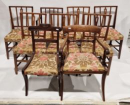 Set of six Georgian-style mahogany railback dining chairs with stuffover seats, upholstered in