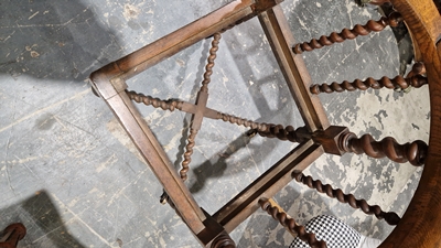 Late 19th/early 20th century oak corner chair with carved spiral supports and X-frame stretcher, - Image 14 of 44