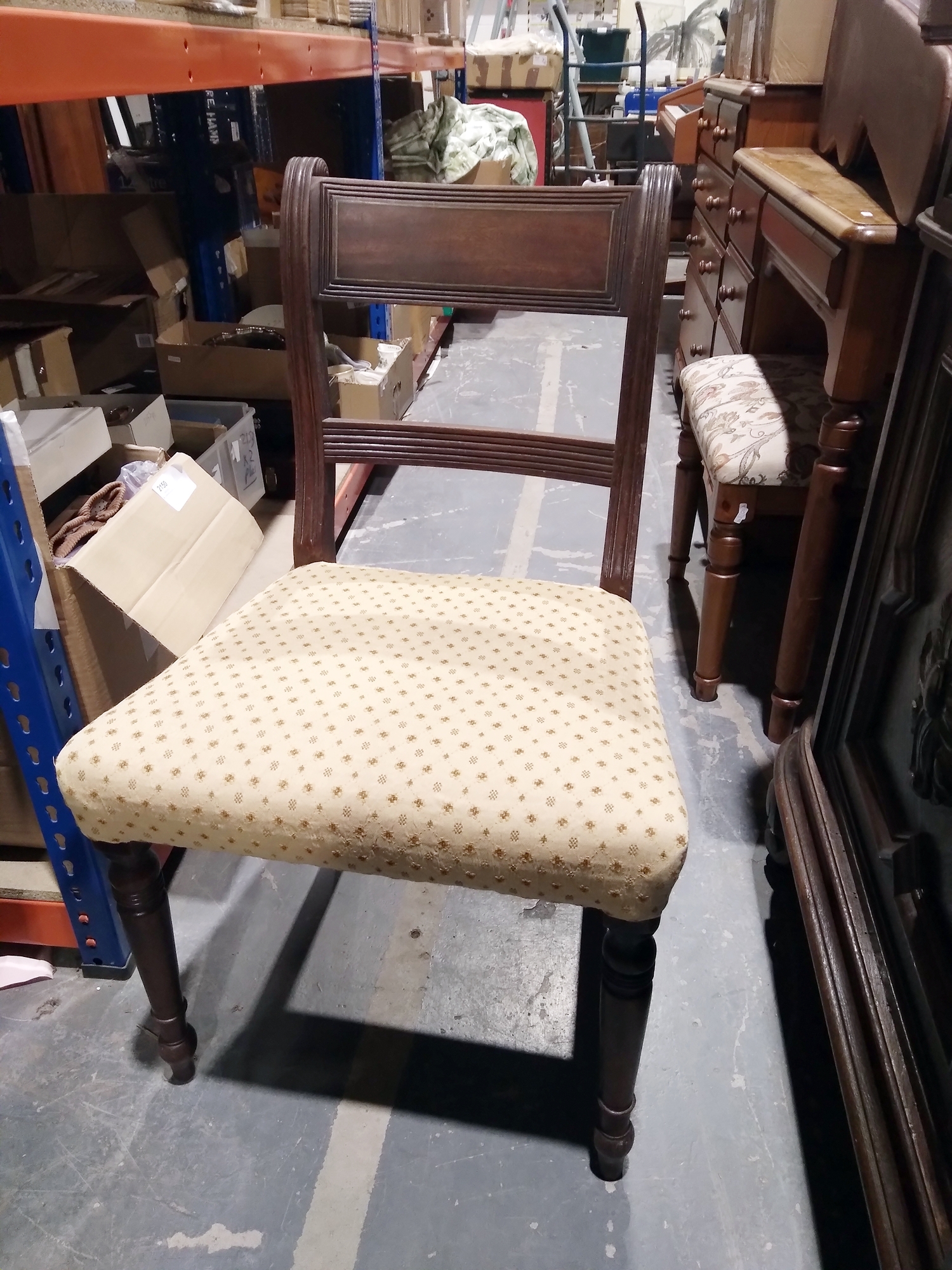 Set of three Regency mahogany brass inlaid dining chairs, each with reeded supports with stuffover - Image 4 of 14