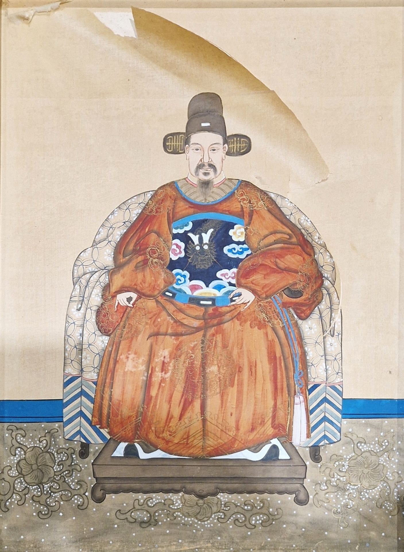 19th century Chinese school Watercolour and gouache drawing Pair of ancestor portraits, dignitary - Image 2 of 3