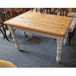 Pine dining table of rectangular form, the base white painted, 76cm high x 121cm long x 84cm deep