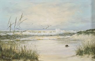 Tihaney (American, 20th century) Oil on canvas Coastal scene, signed lower left, 61cm x 91cm Tihaney