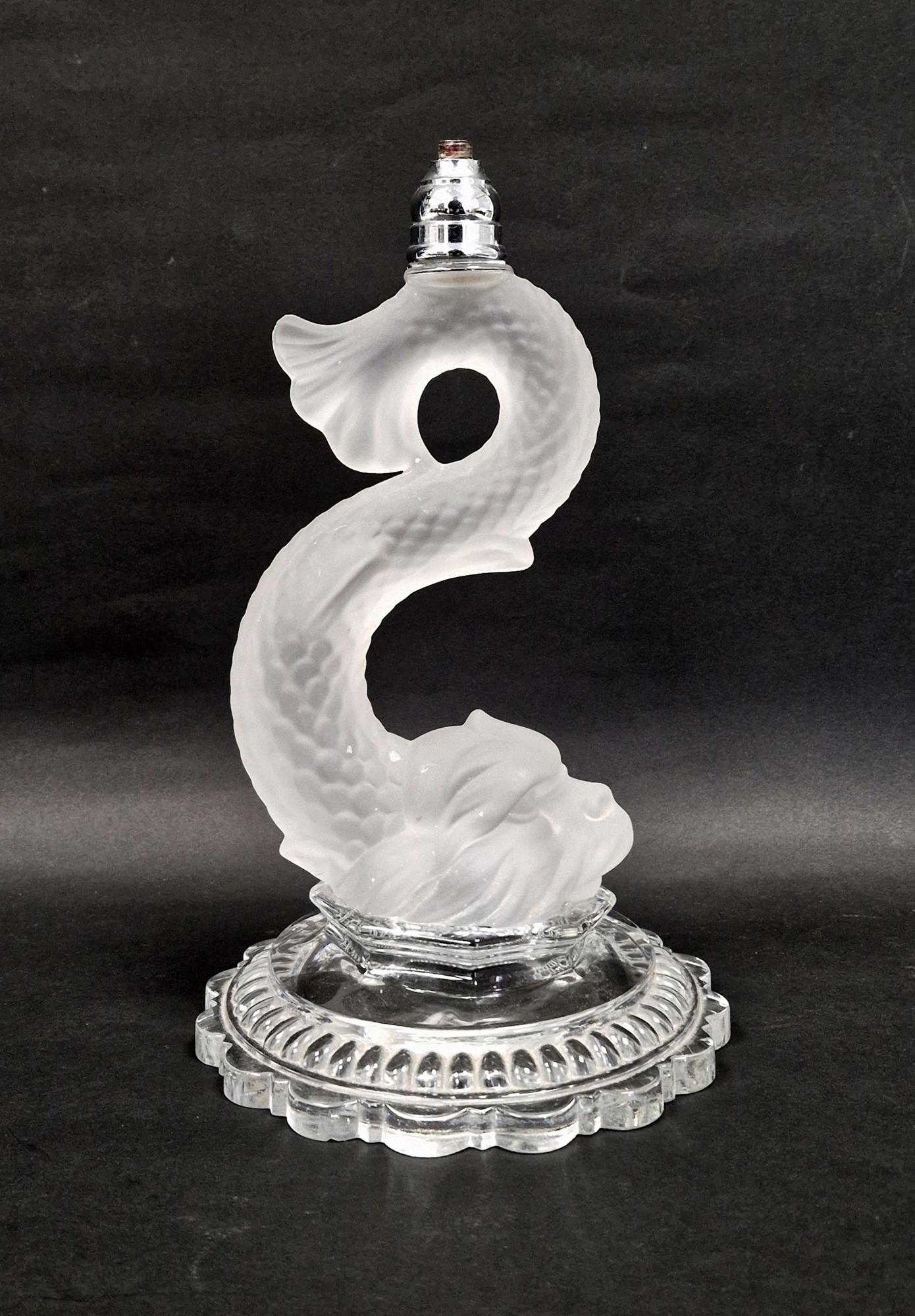 Baccarat frosted glass dolphin-shaped stand with white metal fitting for a shade, on domed petal