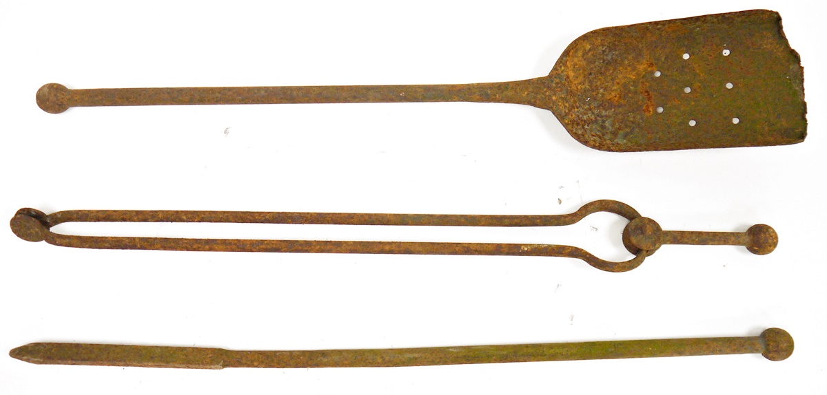 Antique iron fire tongs, similar shovel and poker (3)