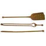 Antique iron fire tongs, similar shovel and poker (3)