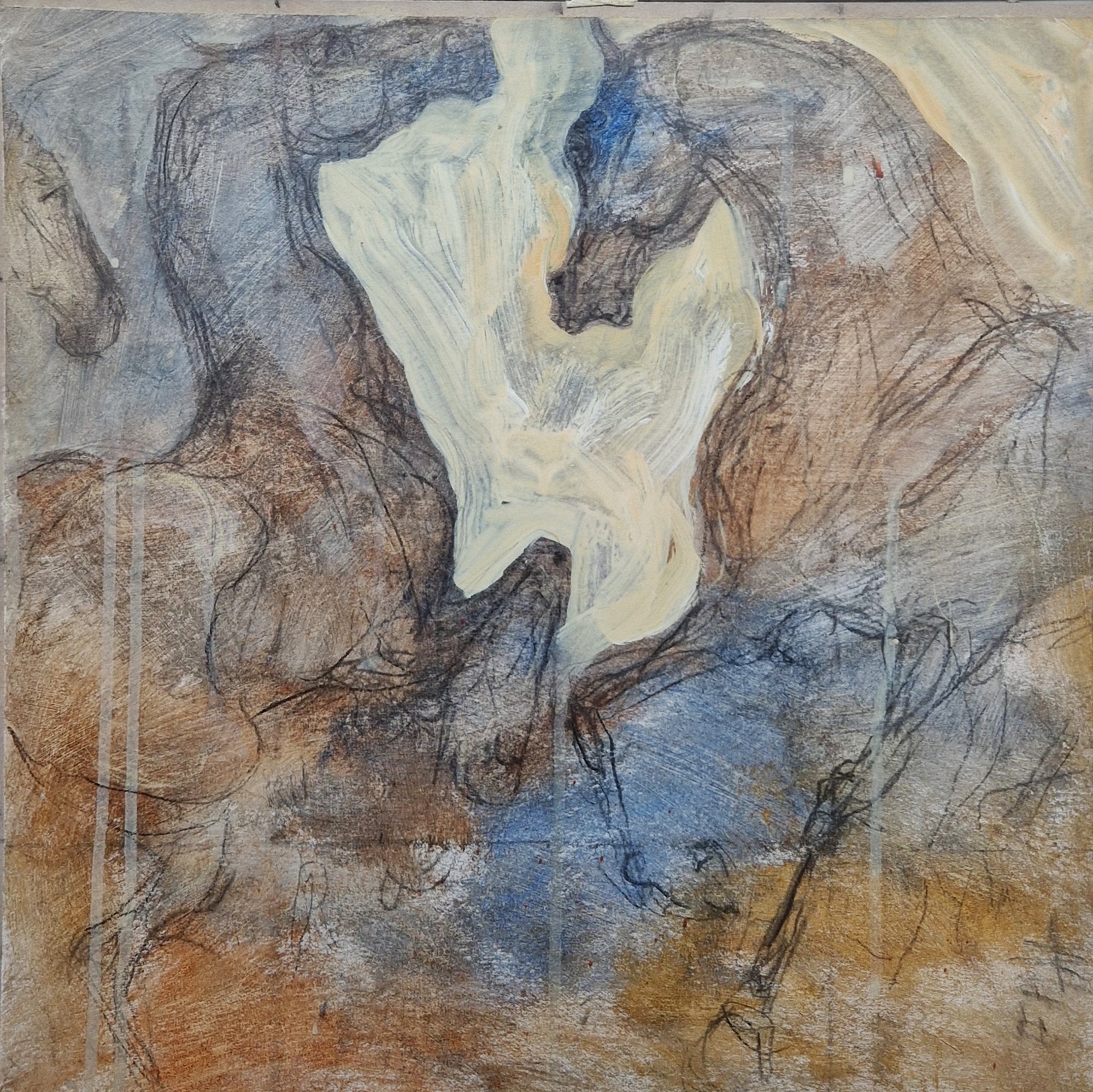 Ellie Hesse  Charcoal and wash drawing “Encounter II”, study of two horses, 39cm square