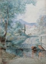 Edwin Cole (1868-1935) Watercolour Rural scene with stream, figure and dwelling in distance,