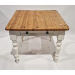 20th century pine breakfast table with white painted legs, 76cm high x 91cm wide x 92cm deep