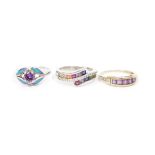 Two silver and coloured stone set rings and a 9ct gold, amethyst and diamond ring set five square