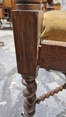 Late 19th/early 20th century oak corner chair with carved spiral supports and X-frame stretcher, - Image 13 of 44