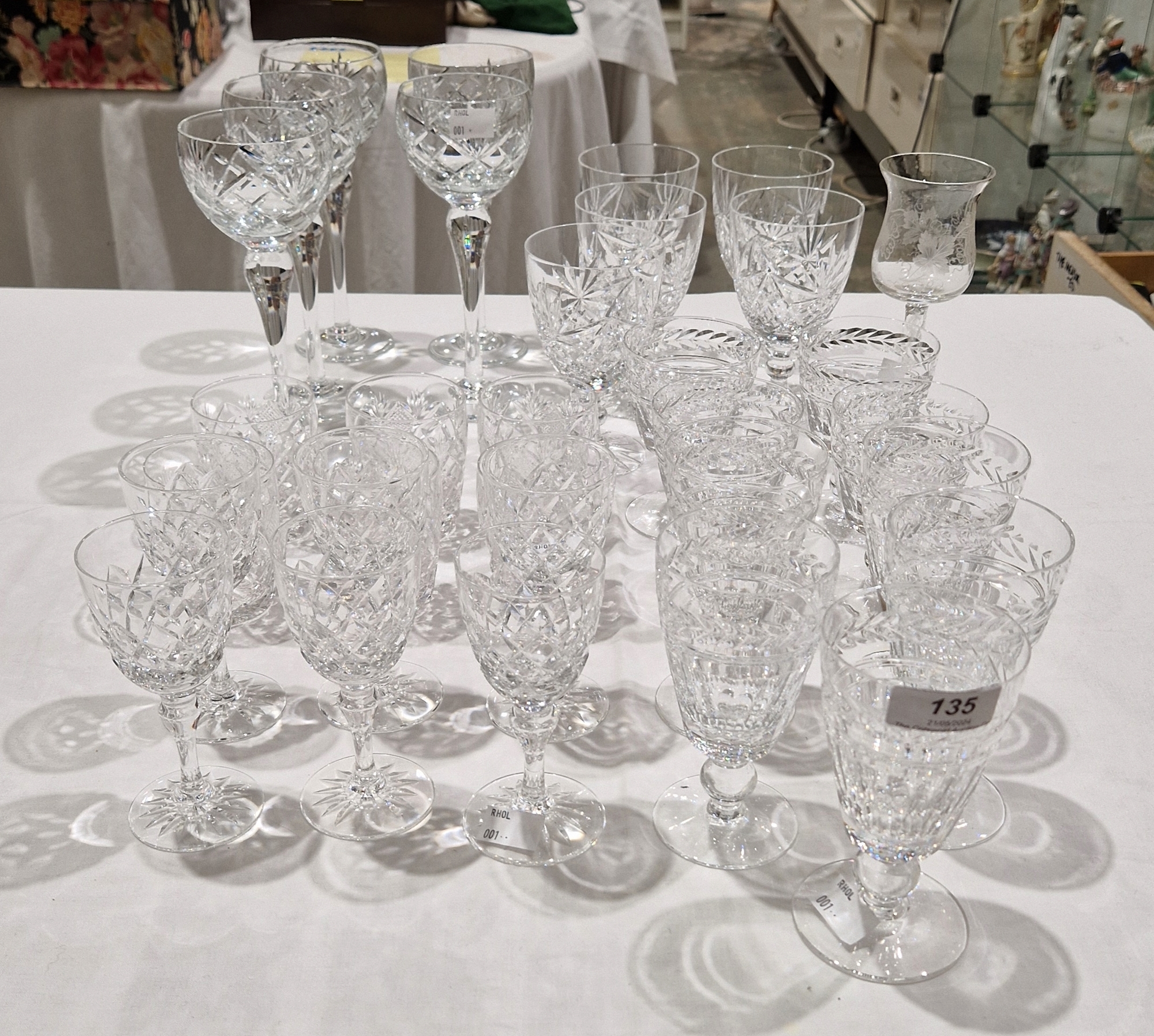 Assorted cut glass tablewares including nine Stuart laurel engraved panel cut wine glasses in sizes, - Image 2 of 3