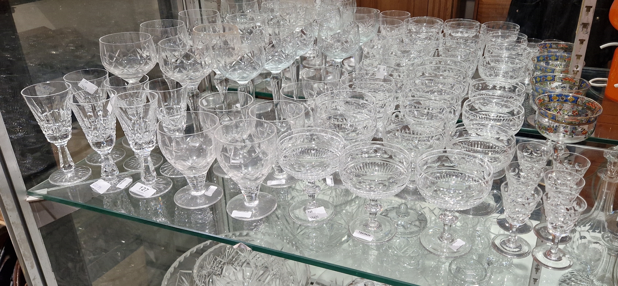 Assorted cut glass tableware including six small Waterford wine glasses, etched marks, a set of