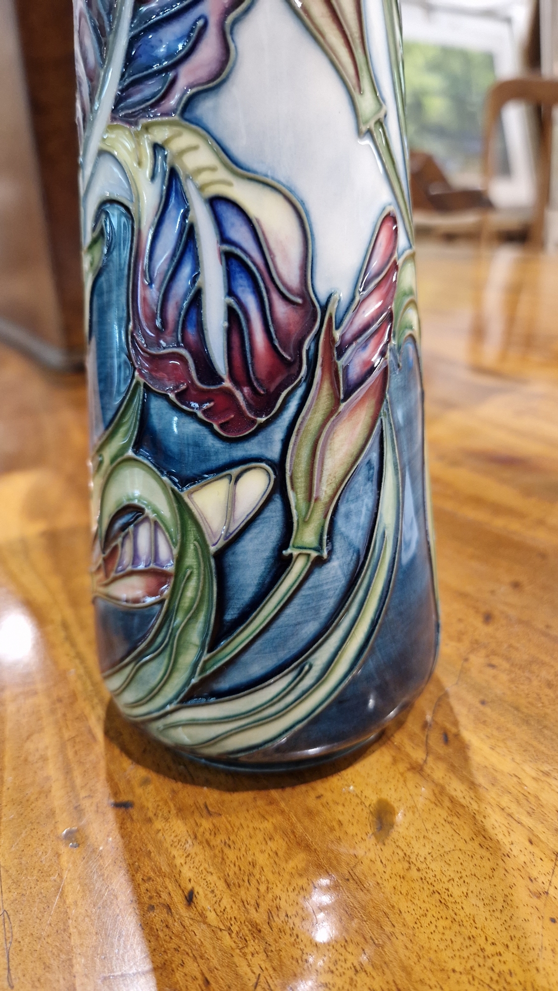 Contemporary Moorcroft tapering cylindrical jug decorated with iris pattern by Rachel Bishop, signed - Image 13 of 32
