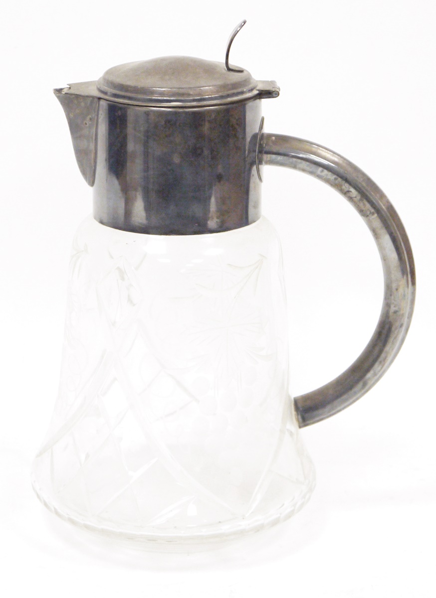 Early 20th century cut glass and silver plate mounted claret jug with etched grape and vine
