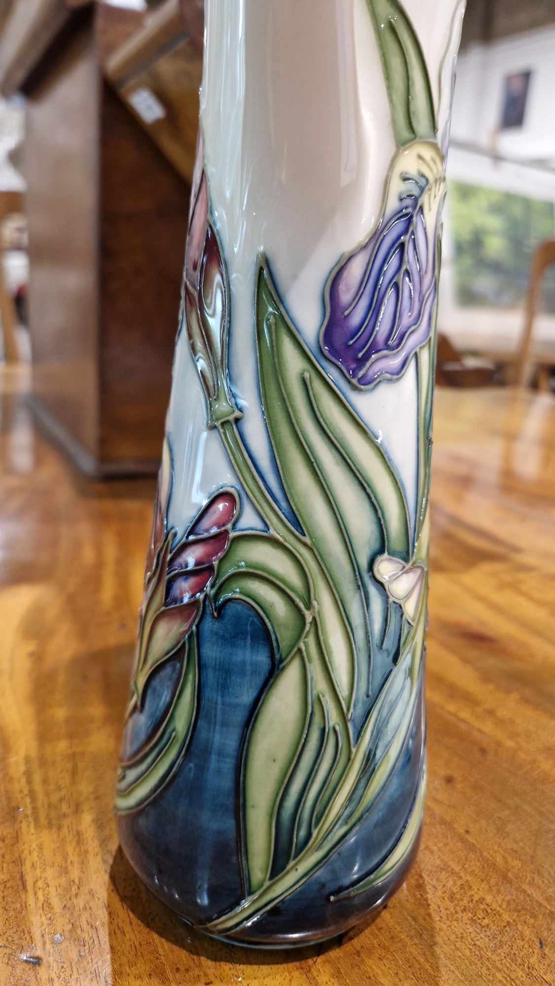 Contemporary Moorcroft tapering cylindrical jug decorated with iris pattern by Rachel Bishop, signed - Image 15 of 32