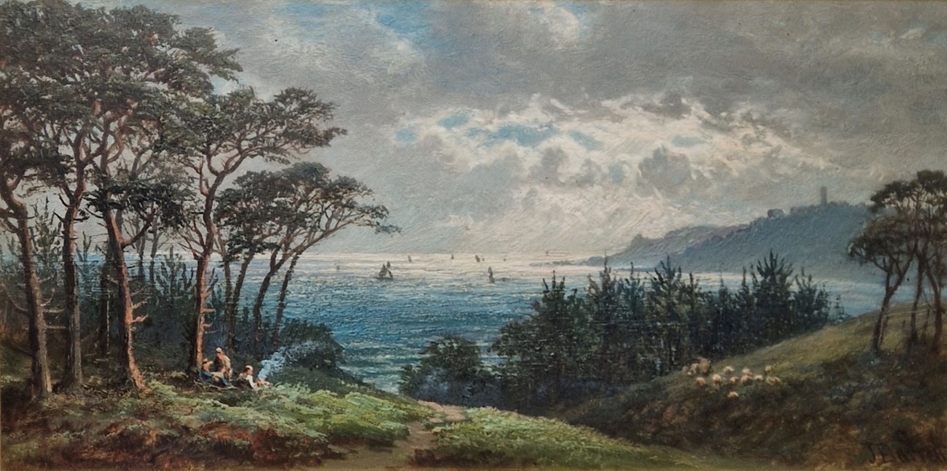 John Barrett (1822-1893) Oil on board Figures before woodland in seascape, signed lower right, 15.