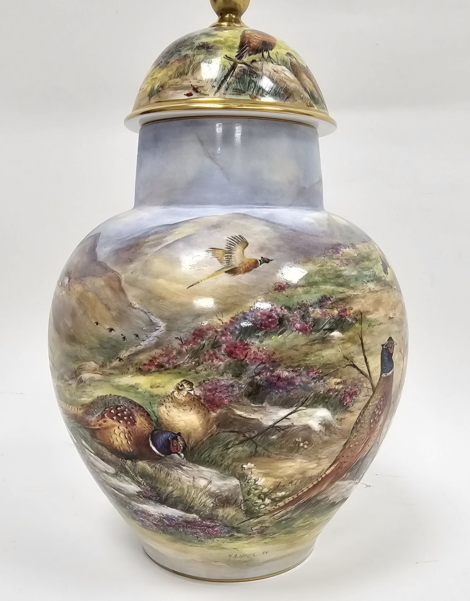 Contemporary bone china oviform vase with domed cover, painted by Wendy Ann White, printed scroll - Image 2 of 4