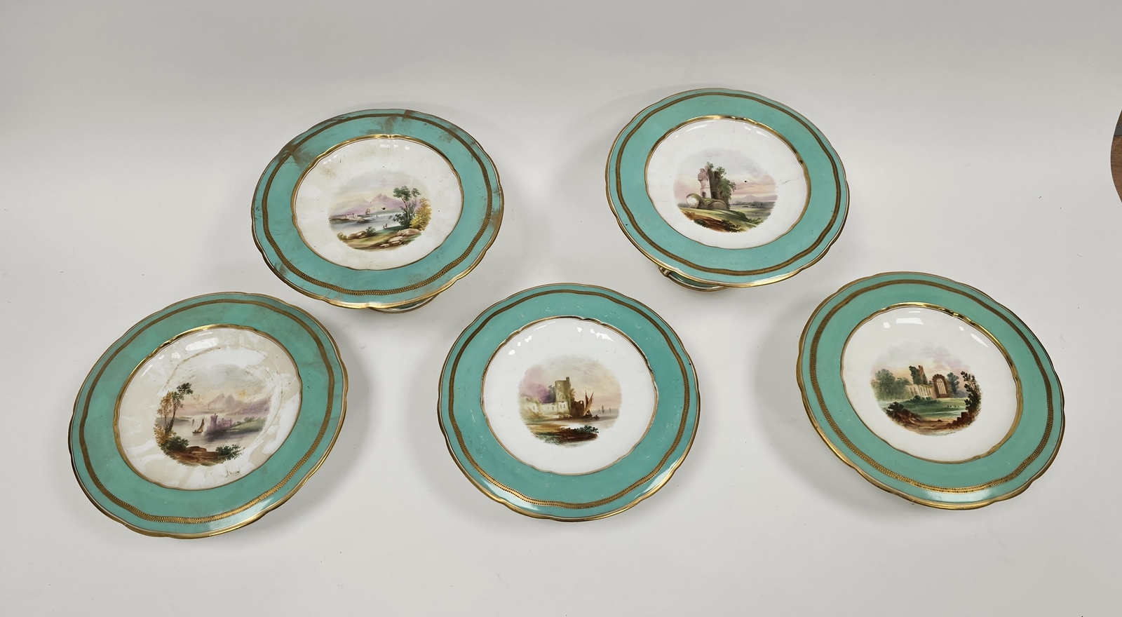 Mid 19th century English porcelain topographical part dessert service, with sea green borders - Image 2 of 3