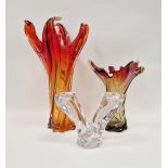 Val St Lambert clear  glass V-shaped conjoined candlestick, etched signature to base 17.5cm high,
