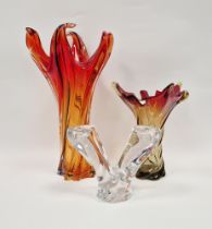 Val St Lambert clear  glass V-shaped conjoined candlestick, etched signature to base 17.5cm high,