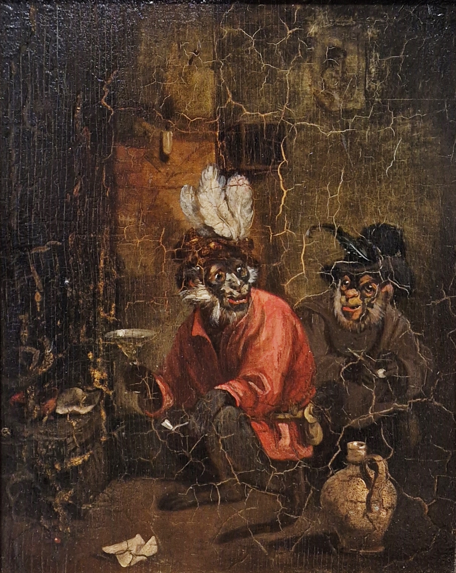 19th century school Oil on panel Anthropomorphic group of monkeys drinking in interior, unsigned,