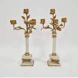 Pair French-style gilt metal and white marble floral candelabra, each four-light with flowerhead