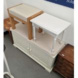 Modern white painted two-door cupboard, a modern oak stool and a white painted side table (3)