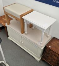 Modern white painted two-door cupboard, a modern oak stool and a white painted side table (3)