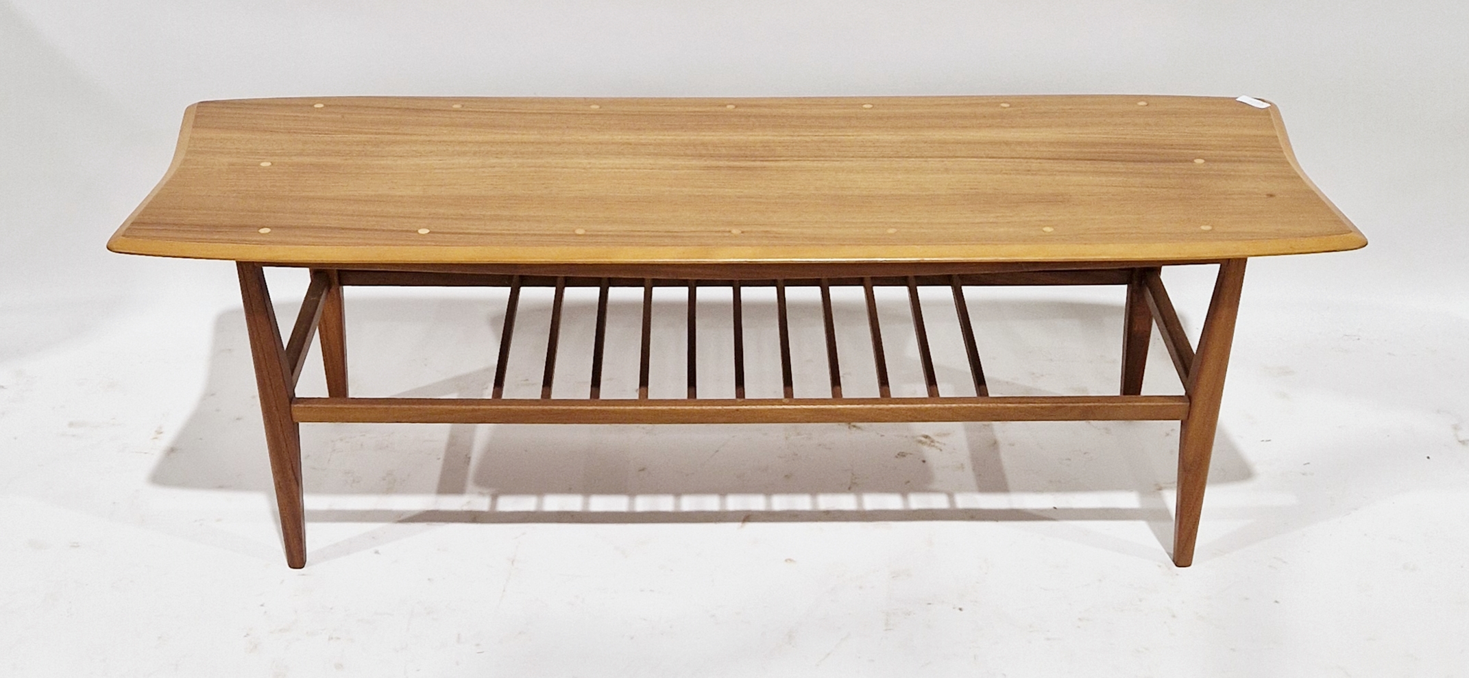 Everest for Heals, a teak surfboard type coffee table, with slatted magazine rack tier, 41cm x 121.