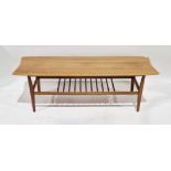 Everest for Heals, a teak surfboard type coffee table, with slatted magazine rack tier, 41cm x 121.