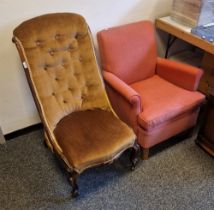 Victorian mahogany slipper chair with button back, upholstered in brown fabric with gold trim,