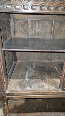 18th century oak dole cupboard, the two cupboard doors with turned spindle sections, carved and - Image 15 of 25