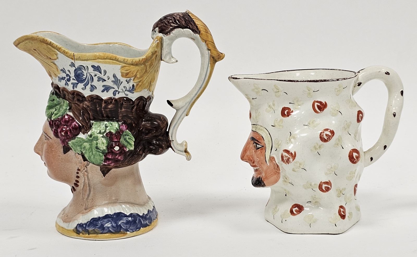 English creamware bacchic moulded jug decorated with a satyr mask and a Staffordshire pearlware - Image 3 of 4