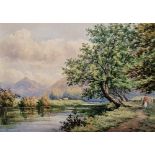 H. S. Latham/Tatham?? (19th century) Watercolour River landscape with woman on path, signed and