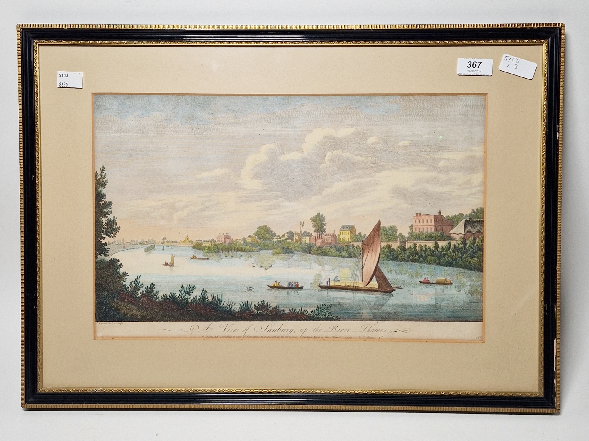 J Boydell Handcoloured engraving  "View of Shepperton", depicting horses and figures by the river, - Image 8 of 8