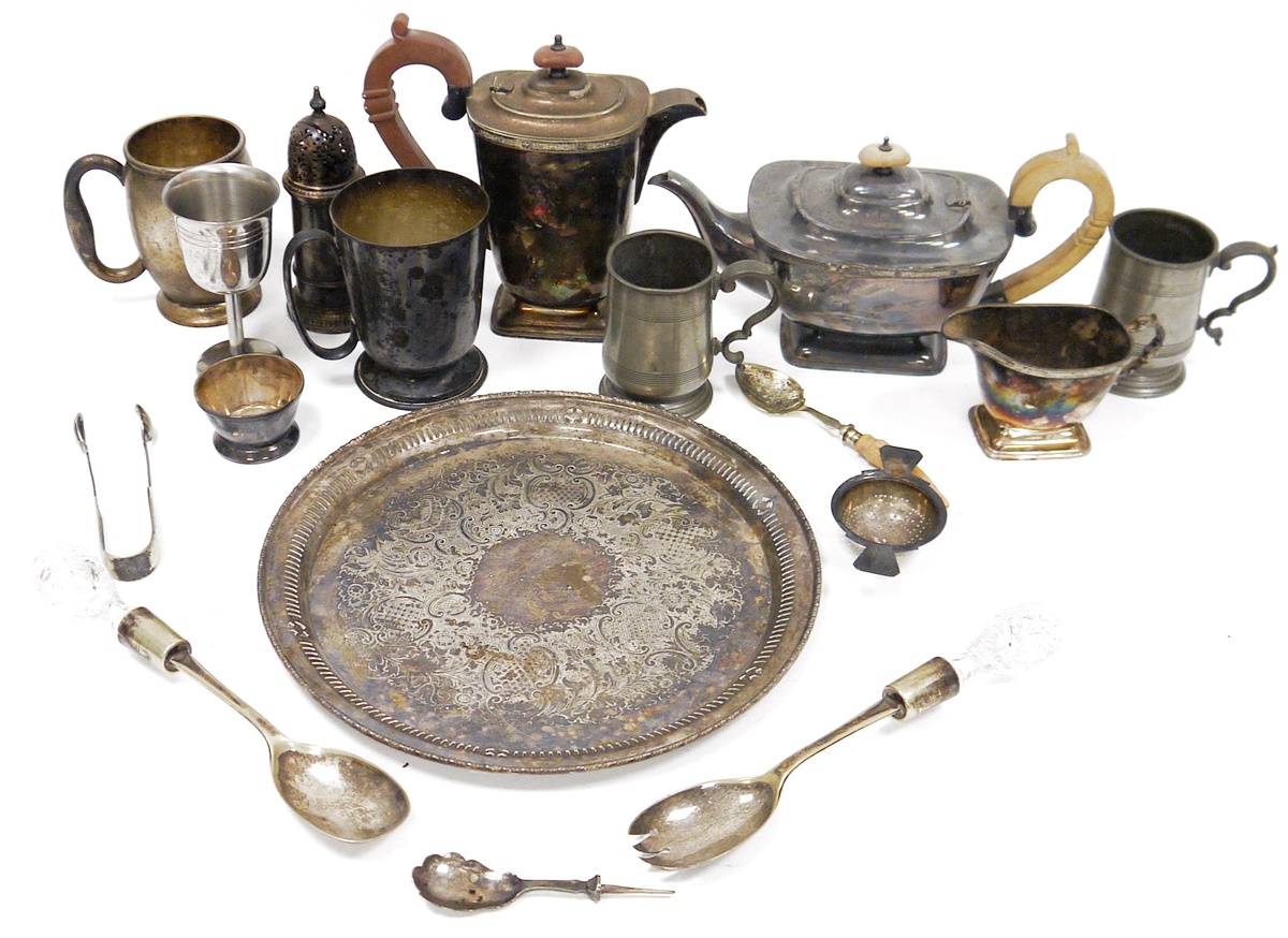 Silver plated three-piece teaset and other plated wares including two trays, a sugar caster, part