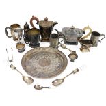 Silver plated three-piece teaset and other plated wares including two trays, a sugar caster, part