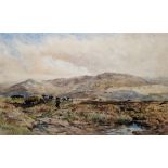 James William Whittaker (1828-1876) Watercolour "Gathering Peat", figures in moorland gathering