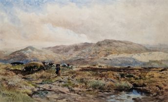 James William Whittaker (1828-1876) Watercolour "Gathering Peat", figures in moorland gathering