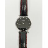 Longines Le Grande Classique gentleman's quartz wristwatch, the circular black dial having diamond