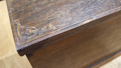 Edwardian marquetry inlaid fall-front stationery casket, the front with leather lined fold-out - Image 26 of 54