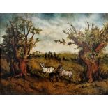 CMC Oil on panel Rural landscape with three sheep in foreground, initialled lower right and dated