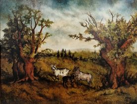 CMC Oil on panel Rural landscape with three sheep in foreground, initialled lower right and dated