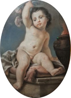 18th century Italian School Pastel drawing on paper Putto, seated on a cushion beside a flaming urn,