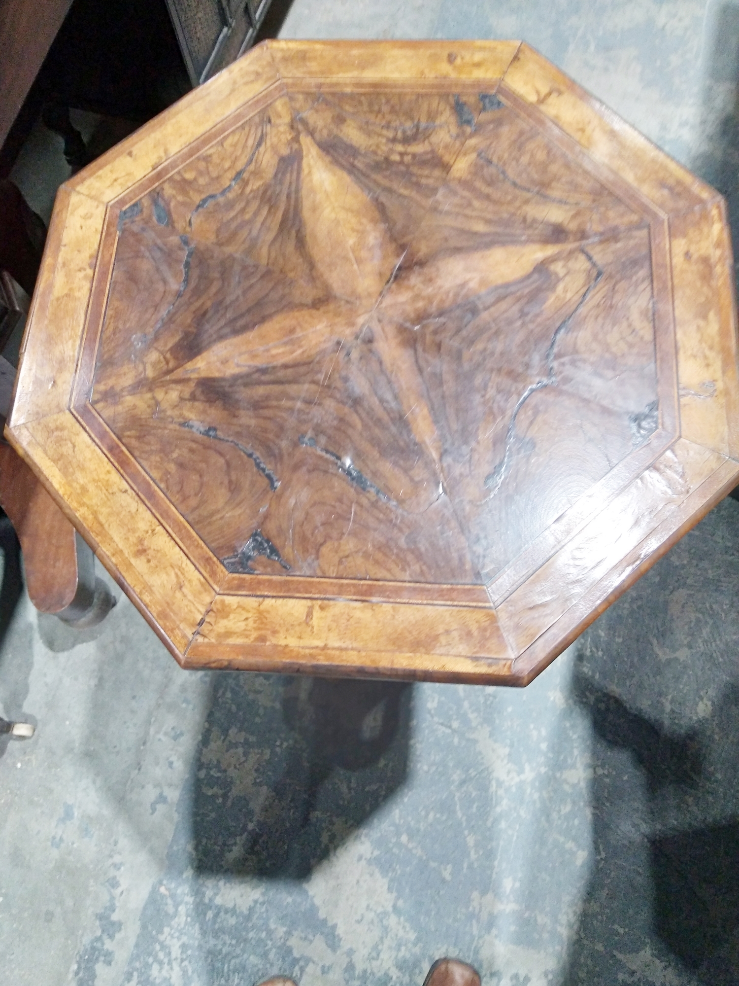 Possibly olivewood tripod occasional table with octagonal top, quarter veneered, mahogany cross- - Image 2 of 8