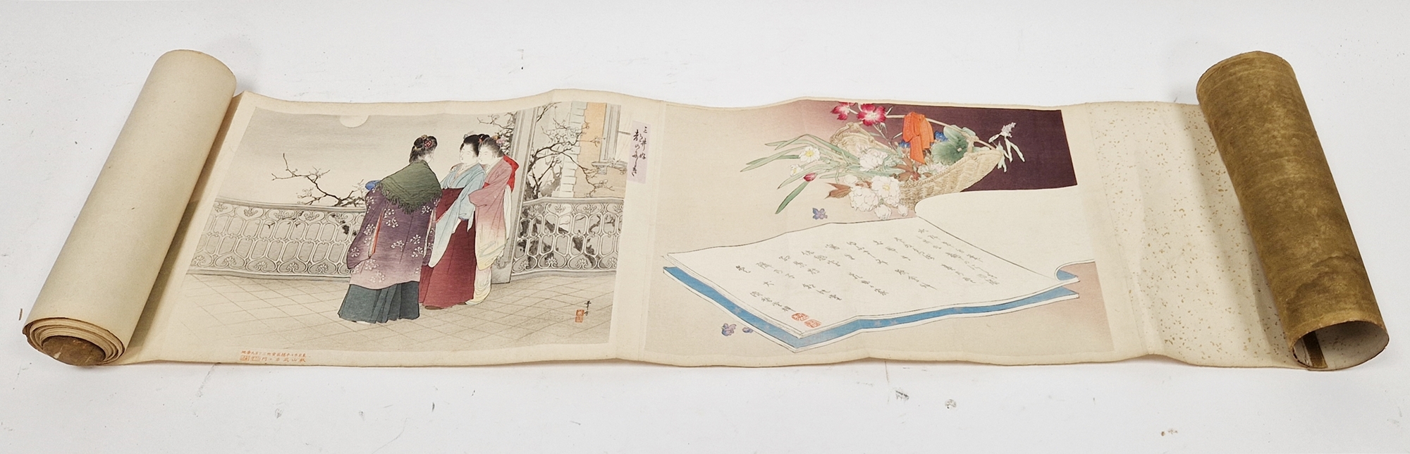 Japanese printed scroll, "The Seasons and their Fashions", specially printed on the original designs