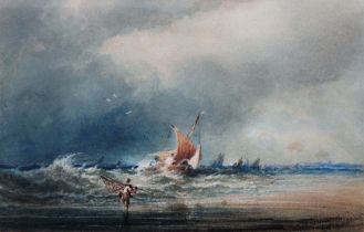 Anthony Vandyke Copley Fielding (1787-1855) Watercolour Coastal scene with boat in rough sea and