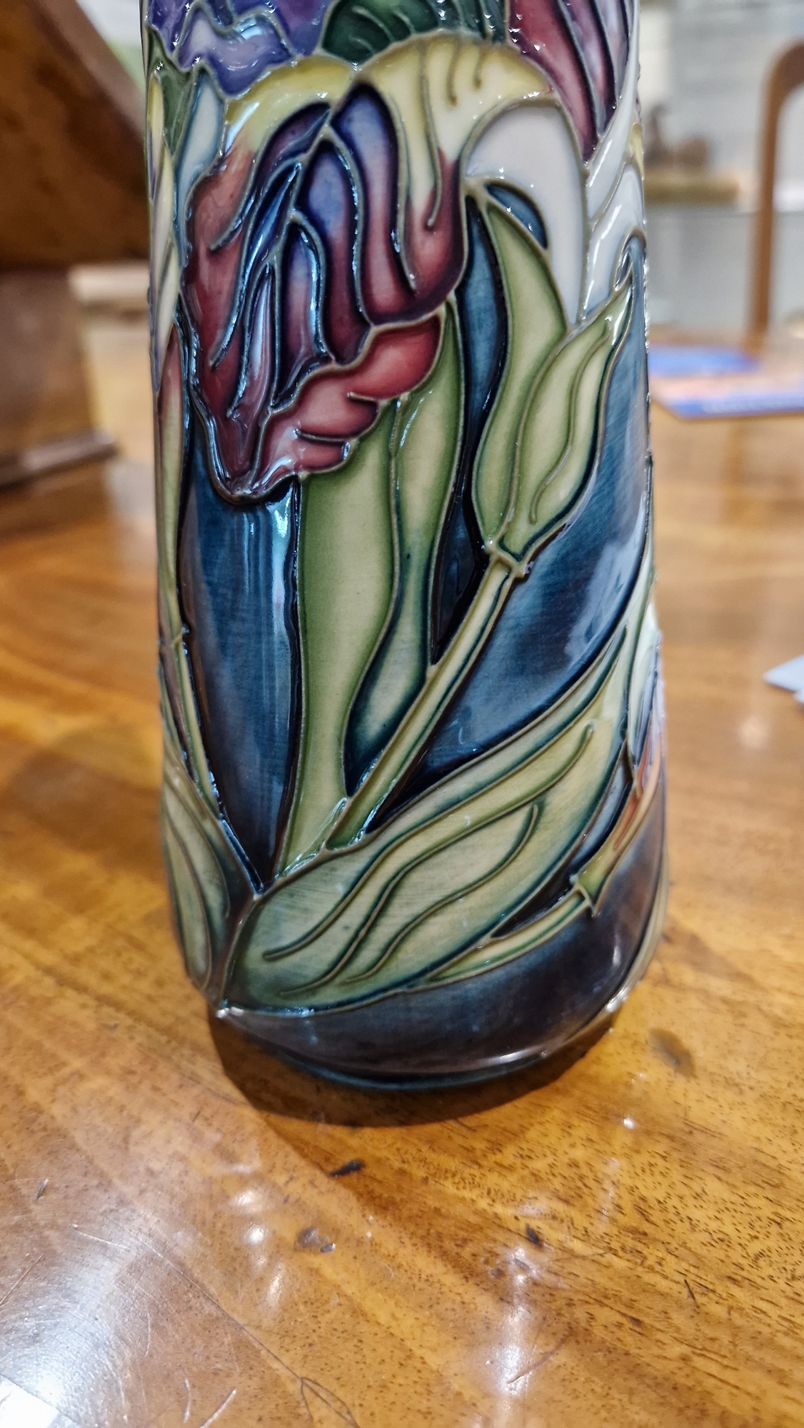 Contemporary Moorcroft tapering cylindrical jug decorated with iris pattern by Rachel Bishop, signed - Image 10 of 32