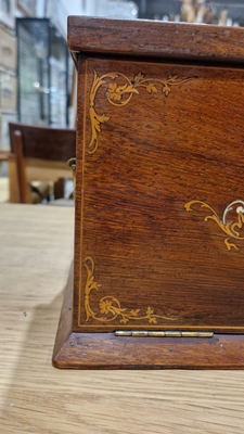 Edwardian marquetry inlaid fall-front stationery casket, the front with leather lined fold-out - Image 52 of 54